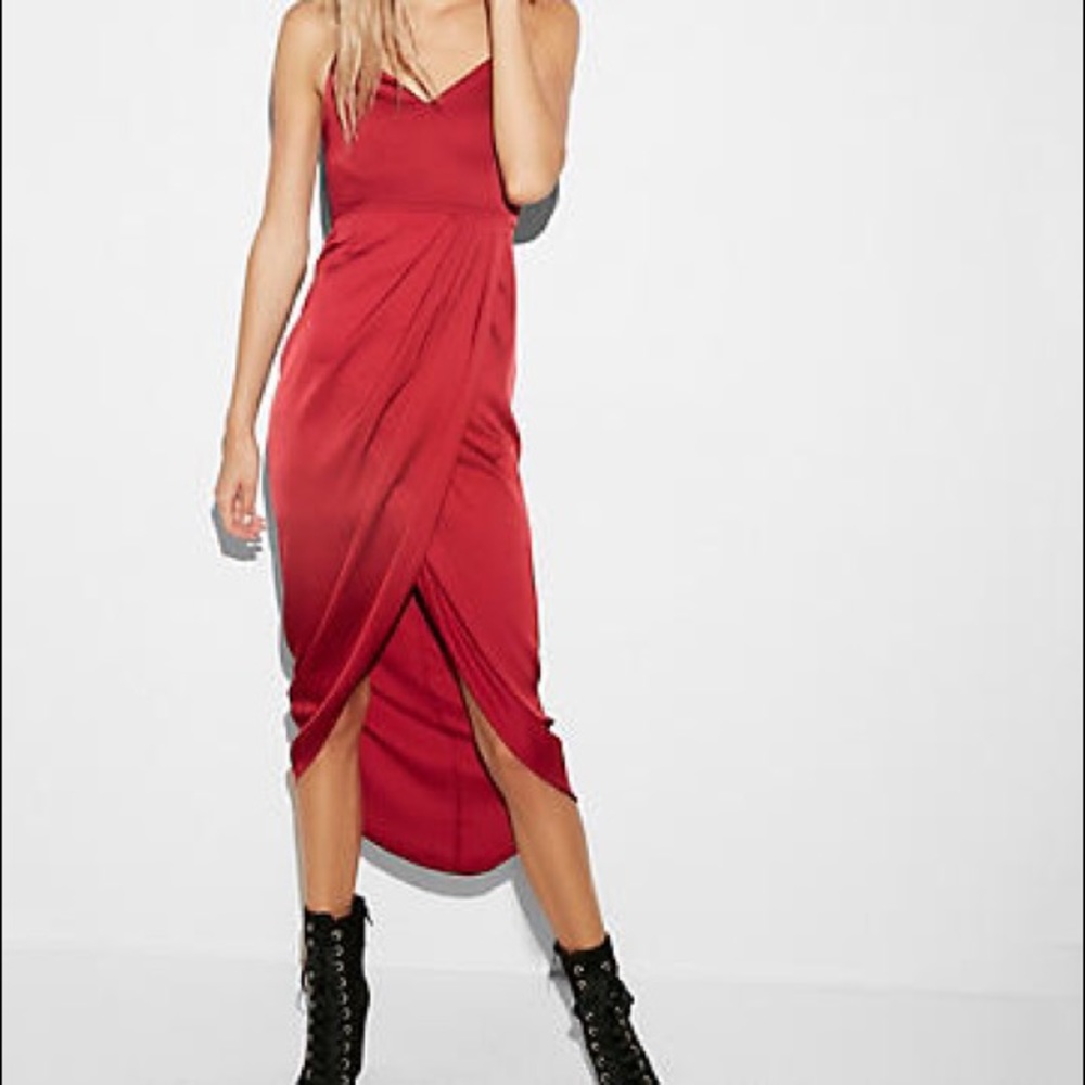 Express Red Satin Wrap Fit and Flair Dress